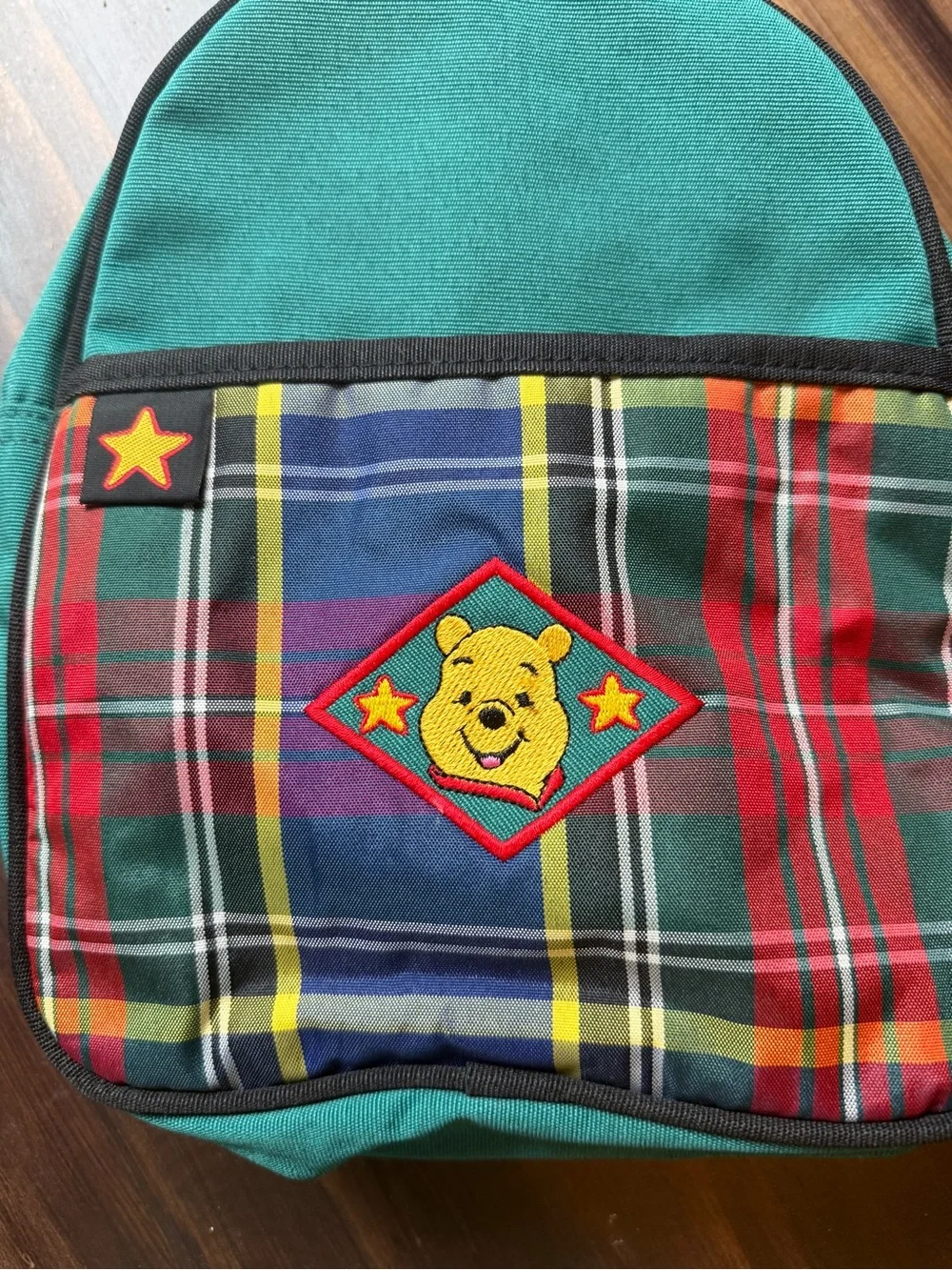 Disney Kids Backpack Teal Green Plaid with Winnie the Pooh Patch